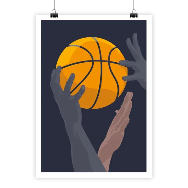 Minimalist basketball poster with dynamic lines and muted colors.