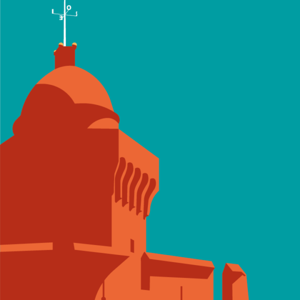 Zoomed view of Poster Perpignan Castillet Minimaliste showing vibrant design.