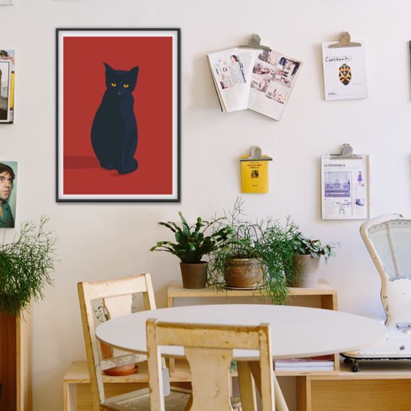 Minimalist poster featuring a sleek black cat design.