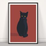 Chat noir minimaliste sur fond blanc, art mural moderne.
