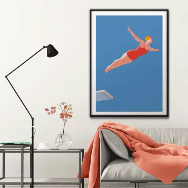 Poster Plongeuse minimaliste featuring a vintage-style diver illustration