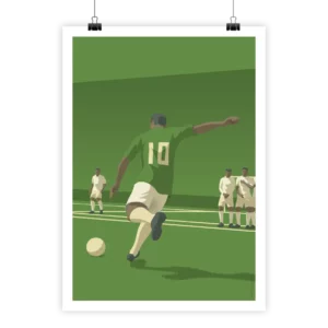 Minimalist poster featuring a penalty kick moment in football.