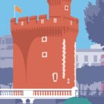 Colorful Pop Art depiction of Le Castillet in Occitanie.