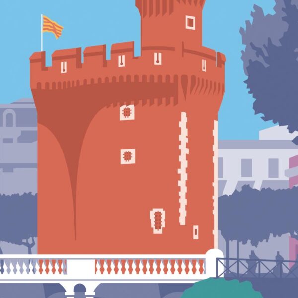 Colorful Pop Art depiction of Le Castillet in Occitanie.