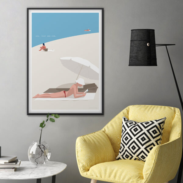 Minimal i-Art Poster Plage Sea with text and sun design.