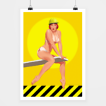 Pin-up poster with yellow background in Gil Elvgren style.