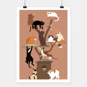 Affiche Arbre a chat avec motifs naturels et vintage, par i-Art.