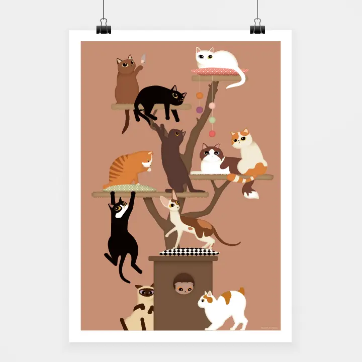 Affiche-Arbre-a-chat.webp Affiche Arbre a chat avec motifs naturels et vintage, par i-Art.