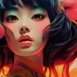 Surreal art piece "Strange Japan" featuring abstract figures, vibrant colors.