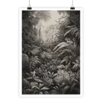 Scène Tropicale #1 N&B vintage tropical illustration, black and white.