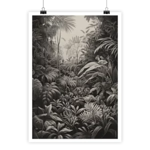 Scène Tropicale #1 N&B vintage tropical illustration, black and white.