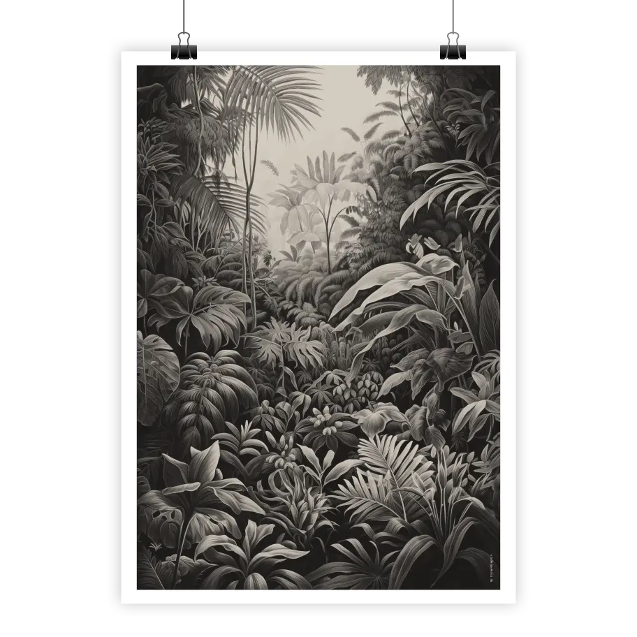Poster-scene-tropical-1-nb.webp Scène Tropicale #1 N&B vintage tropical illustration, black and white.