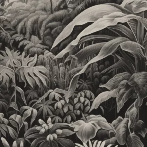 Tropical scene poster in black and white, vintage vibe by i-Art