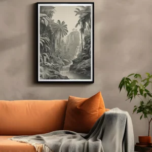 Tropical vintage scene illustrating lush greenery by i-Art.