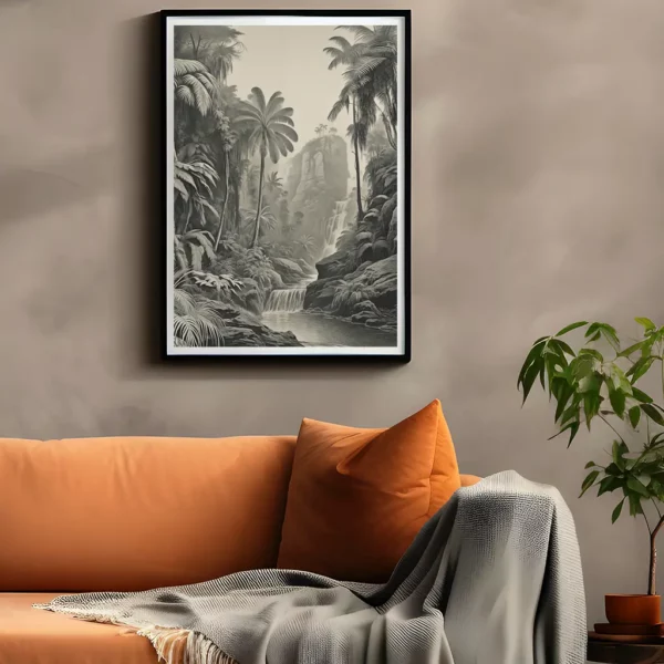 Tropical vintage scene illustrating lush greenery by i-Art.