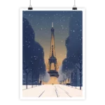 Winter scene of Toure Eiffel with a vintage travel design.