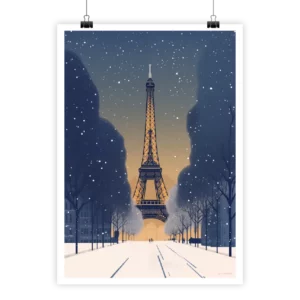 Winter scene of Toure Eiffel with a vintage travel design.