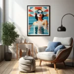 Peinture vintage Femme dans l’eau, femme nageant dans un style rétro.