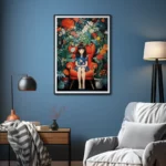 Petite fille aux fleurs in surreal, vibrant floral setting.