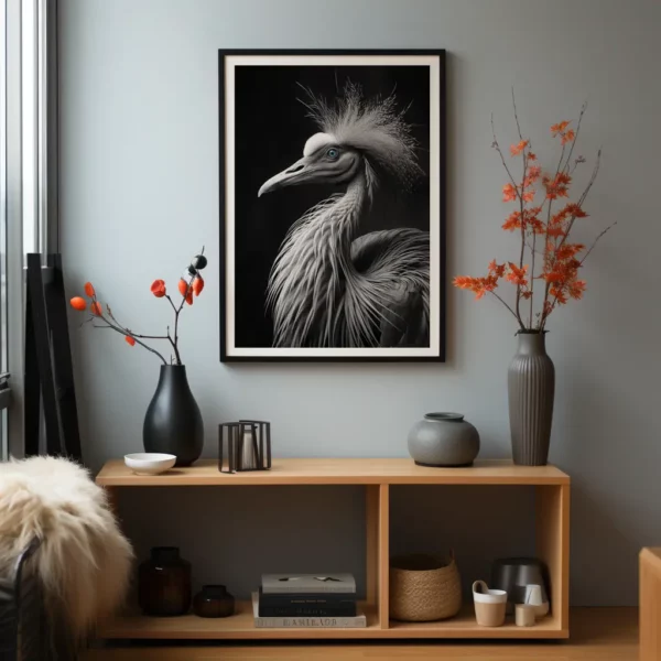 Gallinacé N&B poster displayed on a modern room wall