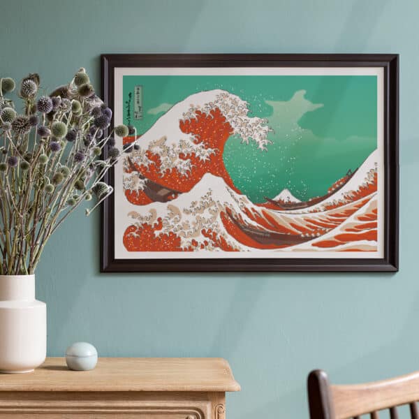 Hokusai's La Grande Vague de Kanagawa print in red, PopArt style.