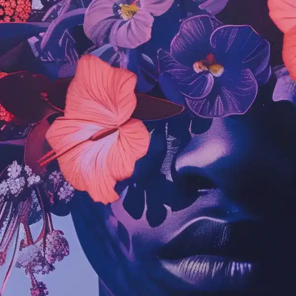 Homme aux fleurs affichant un personnage surréaliste orné de fleurs colorées.