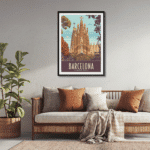 Travel Poster of Barcelona's Sagrada Família in vibrant colors