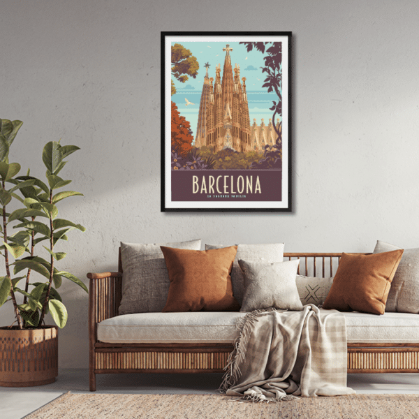 Travel Poster of Barcelona's Sagrada Família in vibrant colors
