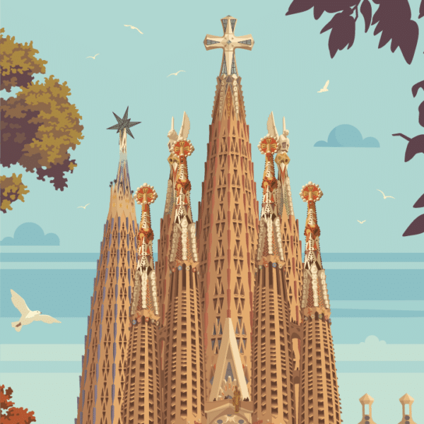 Zoomed poster view of Barcelona's Sagrada Família by Travel Poster.