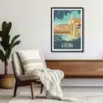 Travel Poster Affiche Girona Bleu, colorful cityscape illustration.