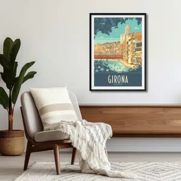 Travel Poster Affiche Girona Bleu, colorful cityscape illustration.