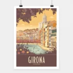 Affiche Girona Jaune, vibrant travel poster, scenic Spanish city artwork.