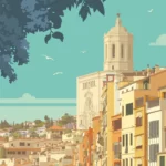 Affiche Girona | Bleu showcasing stylized Spanish architectural elements.