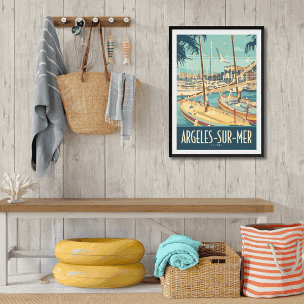 Colorful Travel Poster of Argelès Le port with scenic harbor view