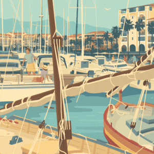 Affiche Argelès Le port featuring vibrant dock scene and boats