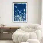 Fée Cyanotype print on wall, showcasing intricate fairy design.