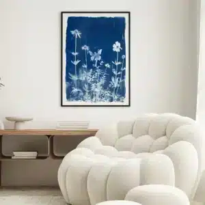 Fée Cyanotype print on wall, showcasing intricate fairy design.