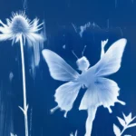 Fée Cyanotype artwork showcasing ethereal fairy motif on textured background.