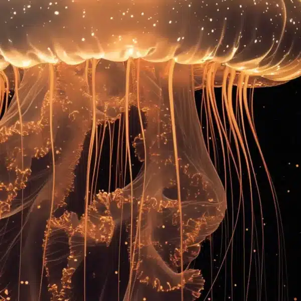 Méduse lumière poster, gothic art with glowing jellyfish, gallery display.