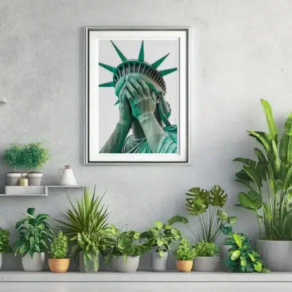 Liberté atterrée concept statue, abstract design with distorted features, i-Art brand.
