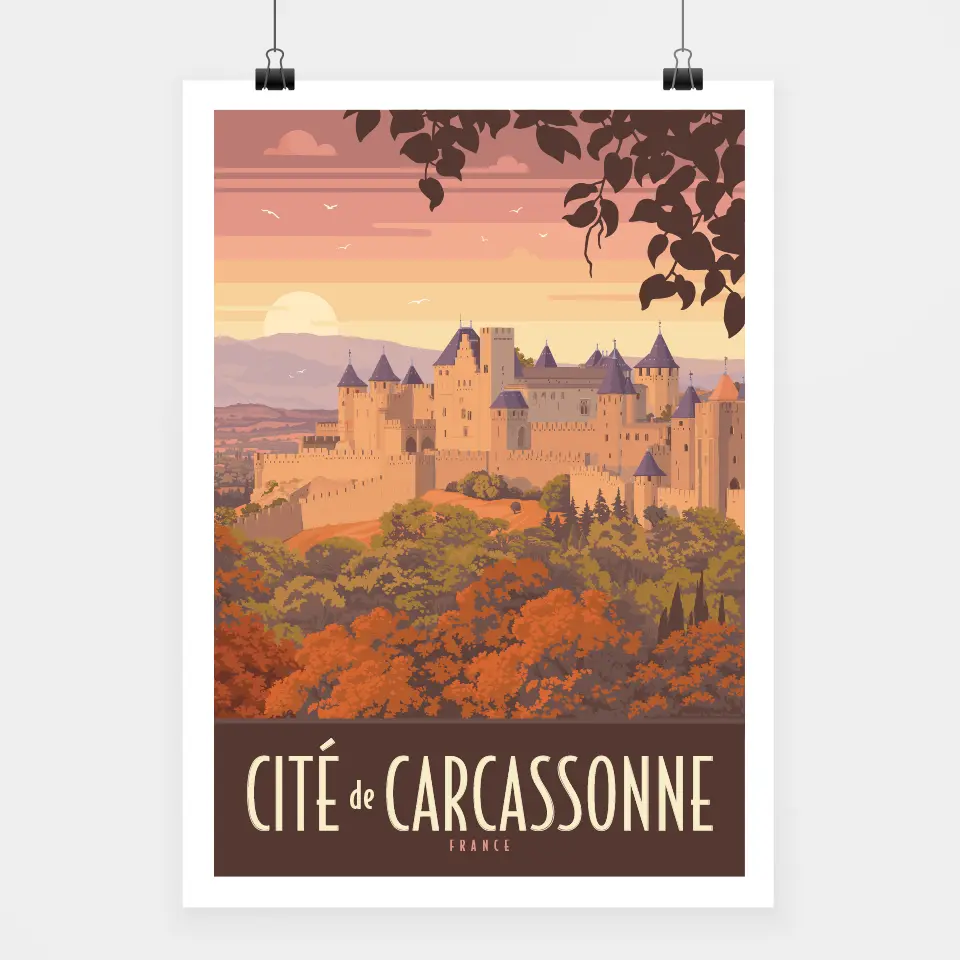 Travel Poster-Affiche Cité médiévale de Carcassonne Affiche touristique avec l'illustration Cité médiévale de Carcassonne