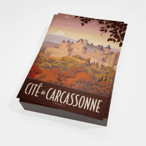 Illustration rétro de la Cité de Carcassonne, couleurs ocre et brun, avec arbres colorés, style carte postale.