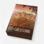 Pile de magnets Carcassonne montrant la Cité médiévale au coucher du soleil, tons orangés et dorés, style artistique
