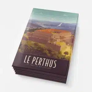 Affiche illustrée du Fort de Bellegarde au Perthus, tons vert, orange, beige, paysage montagneux, ciel bleu.
