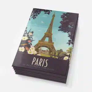 Tour Eiffel vintage, bleu ciel et brun, entourée de fleurs blanches et jaunes, ambiance romantique et artistique.